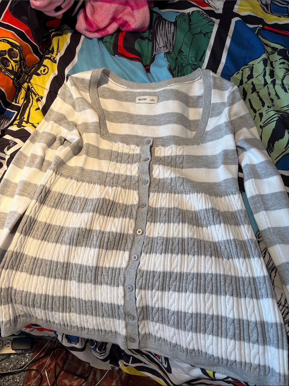 Hollister Gray and White Striped Button-Up Women's Cardigan